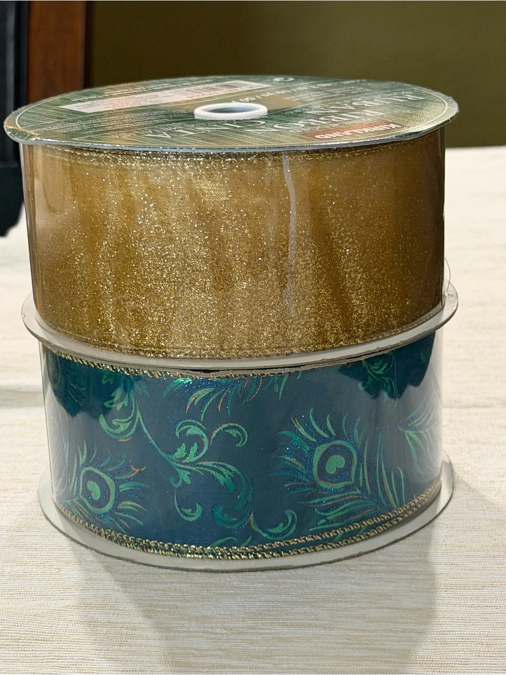 Blue-Green Peacock & Gold Glitter Holiday Ribbon Duo